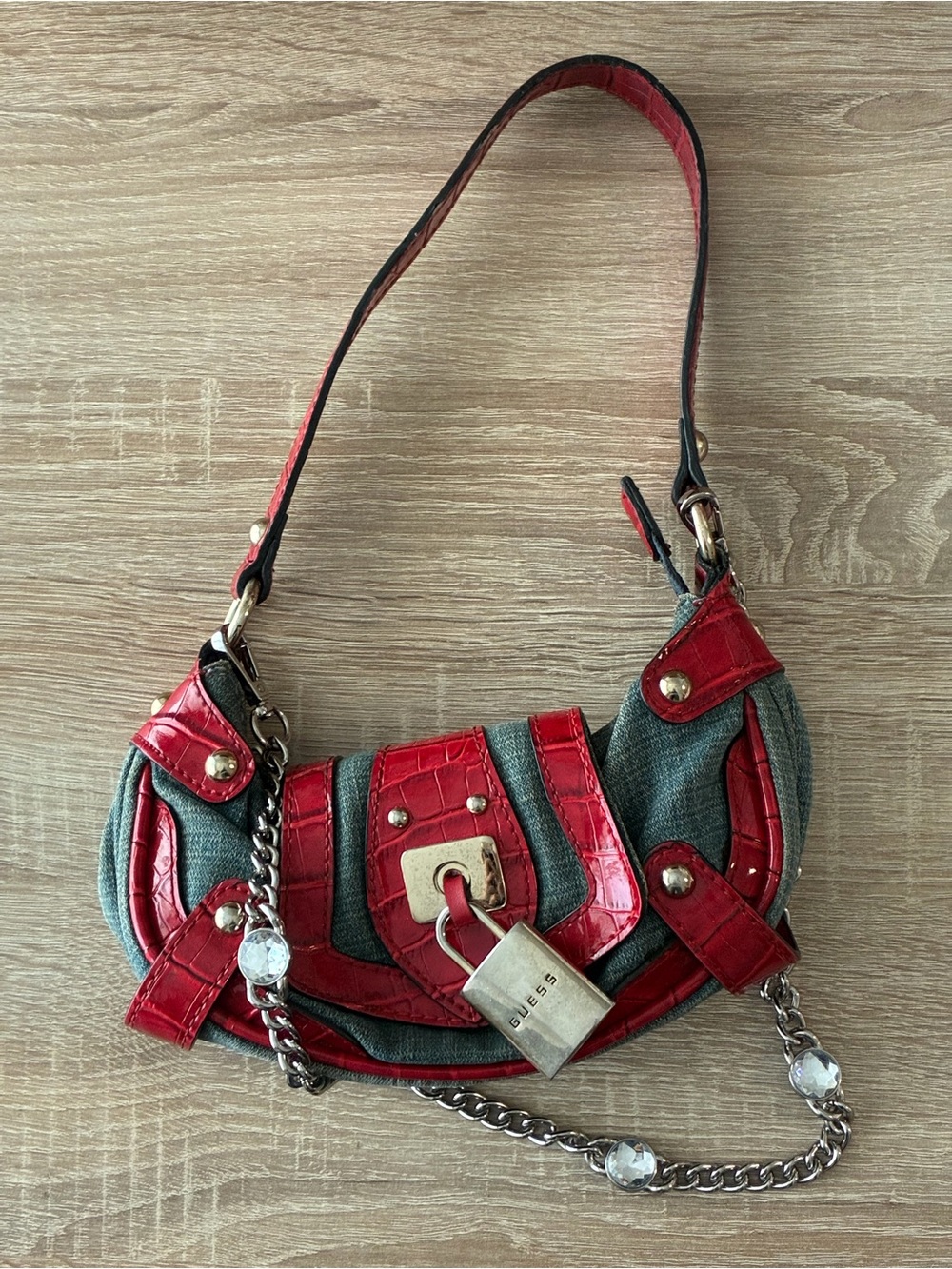 Vintage Y2K GUESS Denim Red Faux Croc Padlock Shoulder Bag with Chain Accent